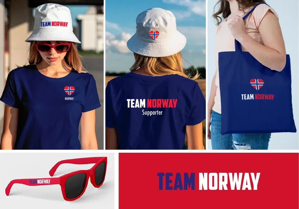 Team Norway merchandise: t-shirt, bucket hat, sunglasses, and tote bag in blue/red, featuring a heart logo.