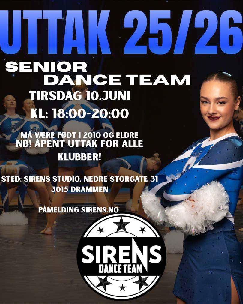 En cheerdanser  med blå dansedrakt og logo Danceteam
