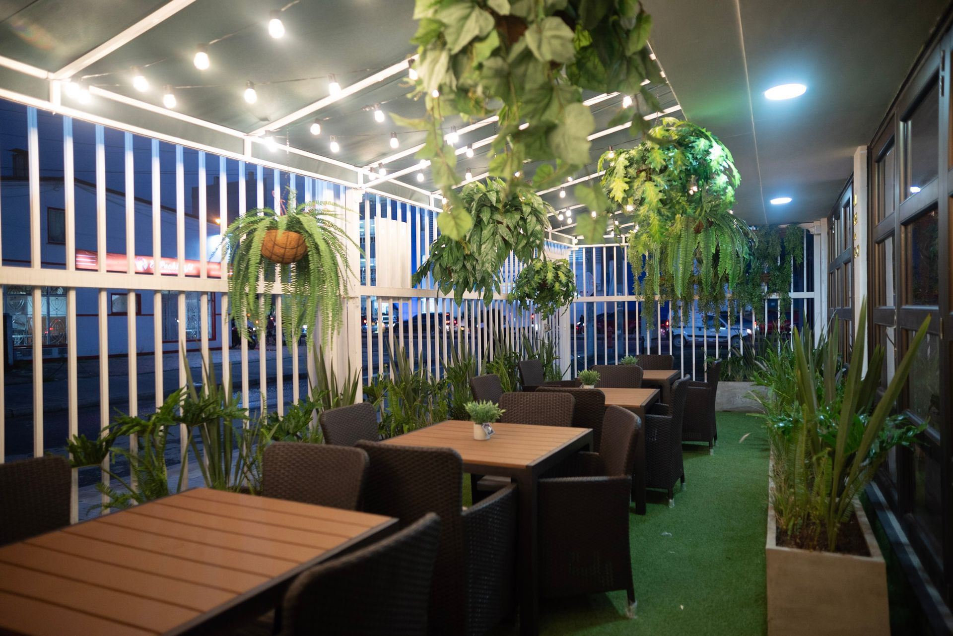 Cafetería al aire libre con mesas y sillas bajo plantas colgantes y luces de cadena sobre un piso verde.