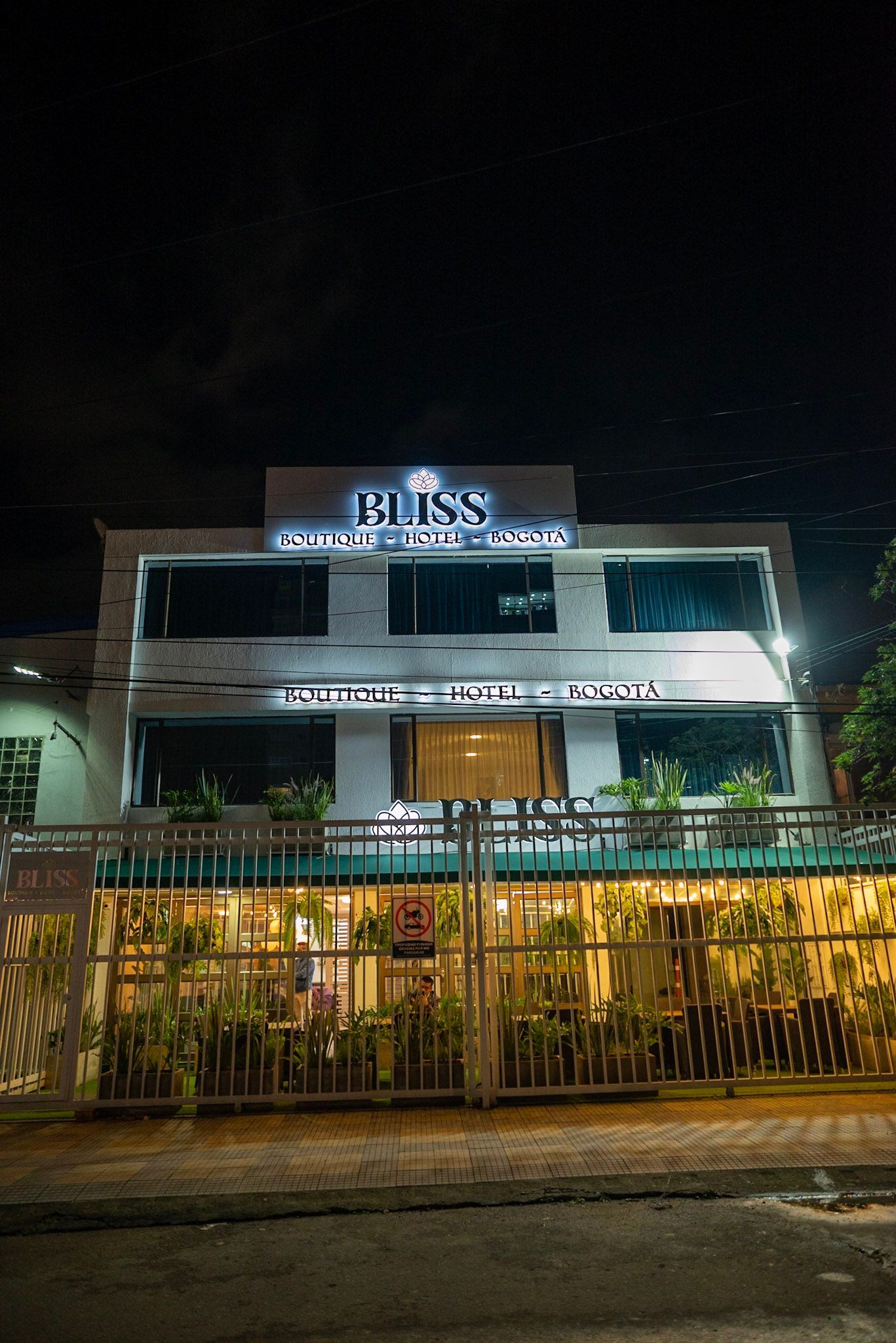 Un edificio comercial de varios pisos llamado Bliss, iluminado por la noche, que cuenta con una cafetería en la planta baja con exuberantes plantas.