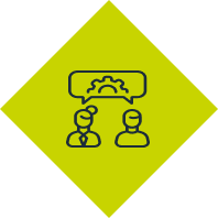 A line drawing of two people talking to each other with a speech bubble.