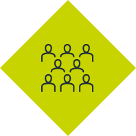 A group of people standing next to each other on a green background.