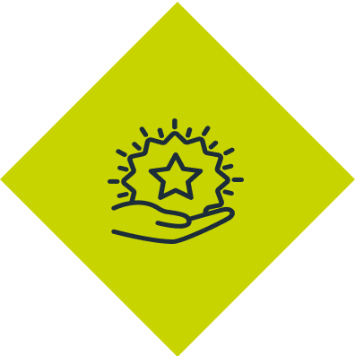 An icon of a hand holding a star on a green background.