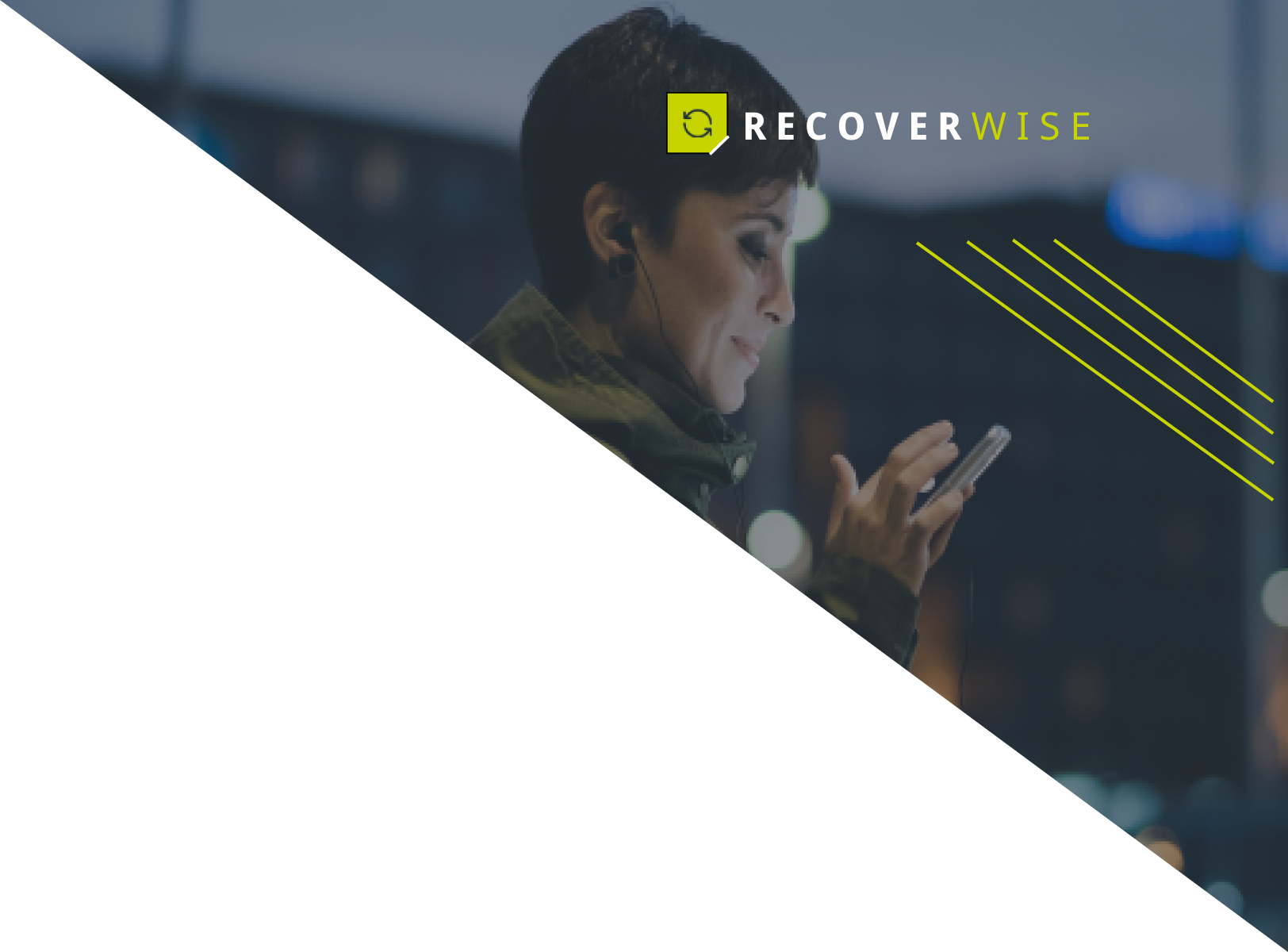 A woman is looking at her cell phone with a recoverwise logo in the corner