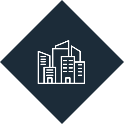 A line drawing of a city with buildings in a diamond shape.