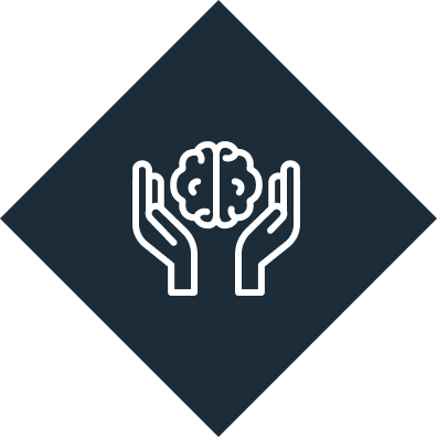 A line drawing of two hands holding a brain.
