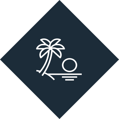 A diamond shaped icon with a palm tree and a circle in the middle.