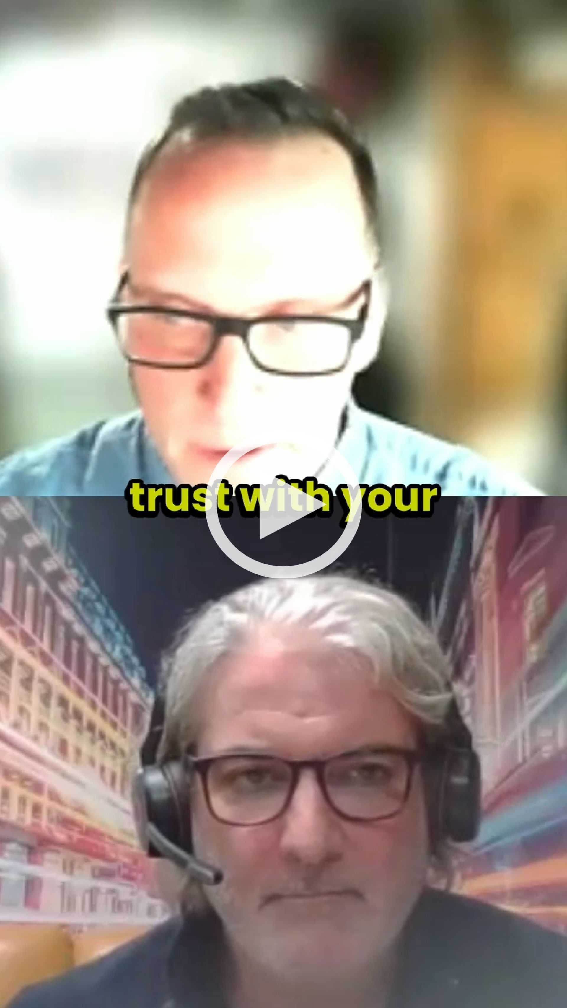 Two men wearing glasses and headphones are talking on a video call.