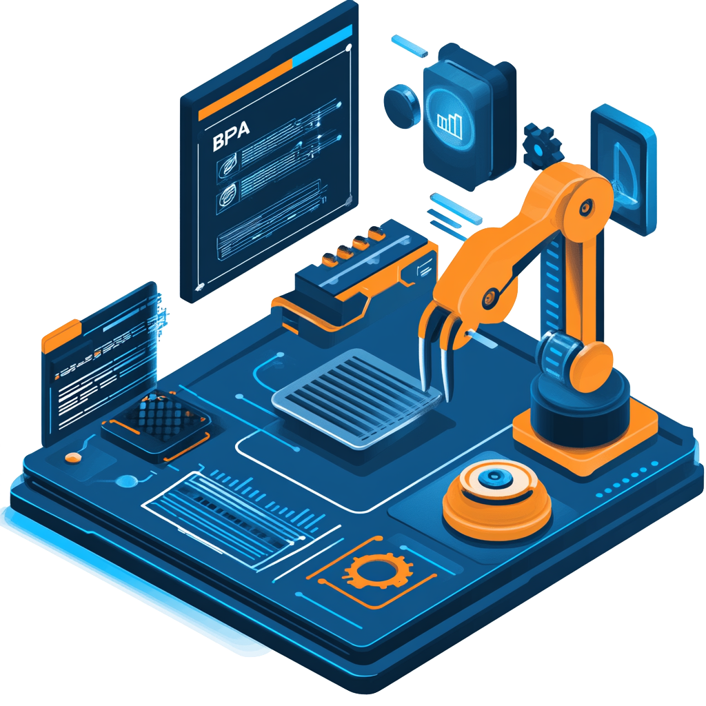 An isometric illustration of a robotic arm working on a computer.