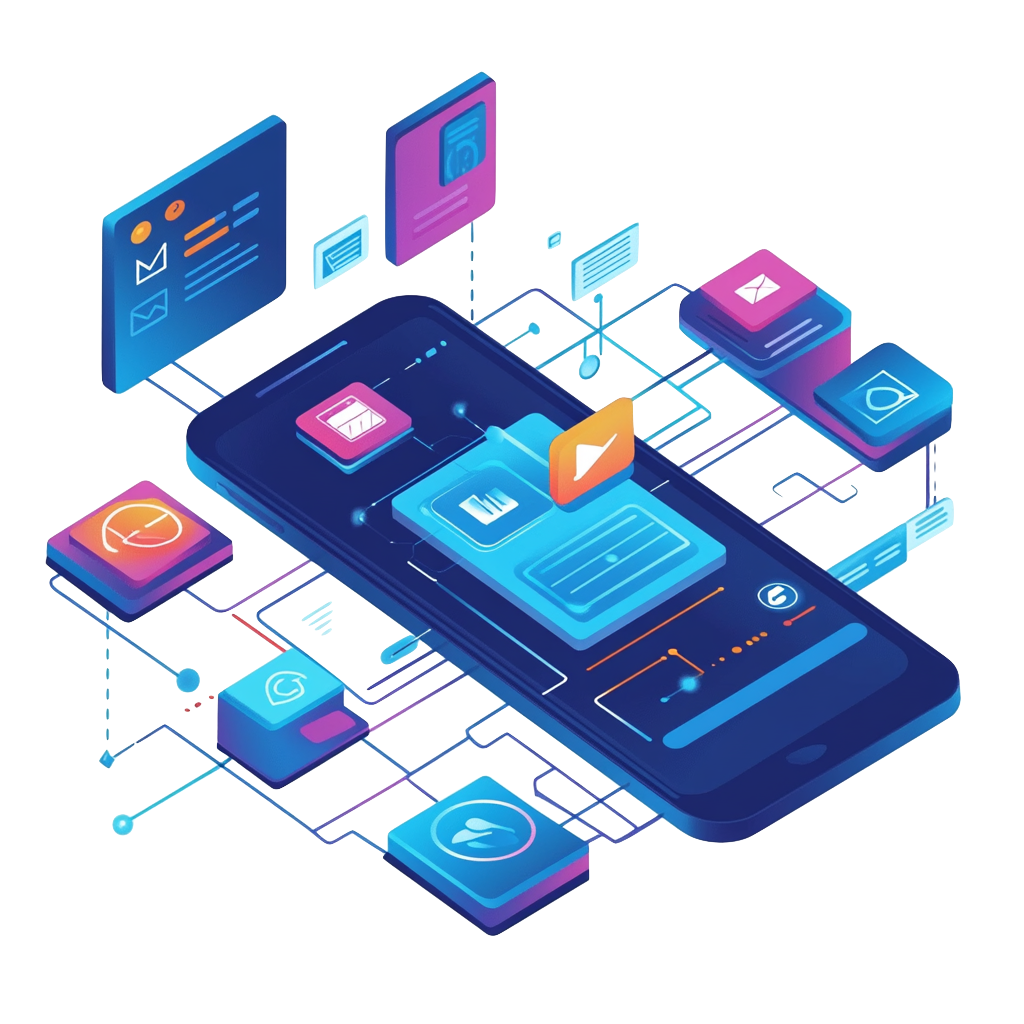 An isometric illustration of a smart phone with a bunch of icons on it.