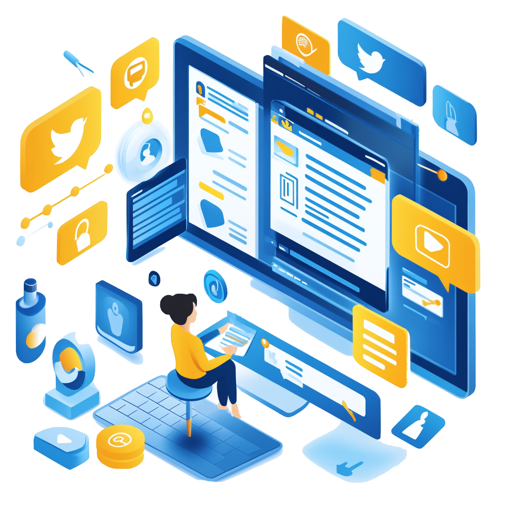 An isometric illustration of a woman sitting in front of a computer monitor.