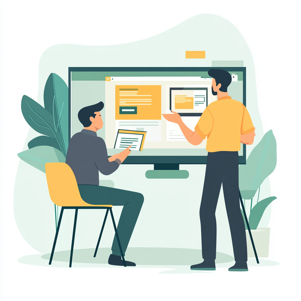 Two men are looking at a computer screen together.