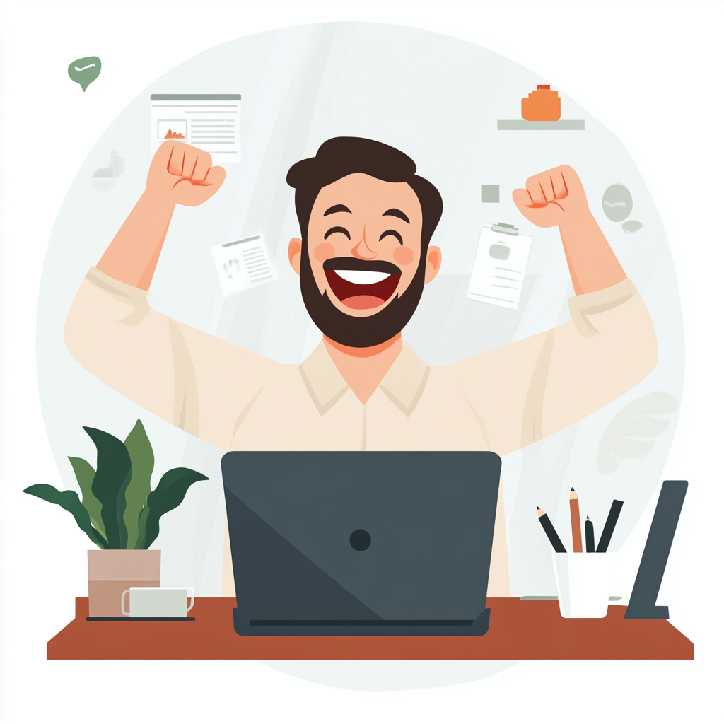 A man is sitting in front of a laptop computer with his arms in the air.