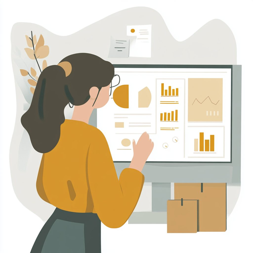 A woman is looking at a computer screen with graphs on it.