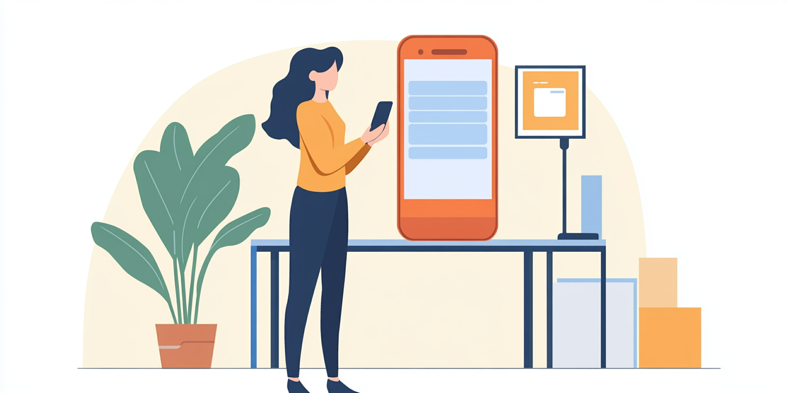 A woman is standing in front of a table holding a cell phone.