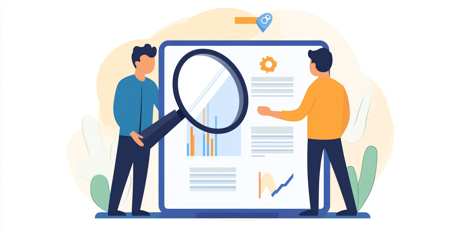 Two men are looking at a computer screen with a magnifying glass.