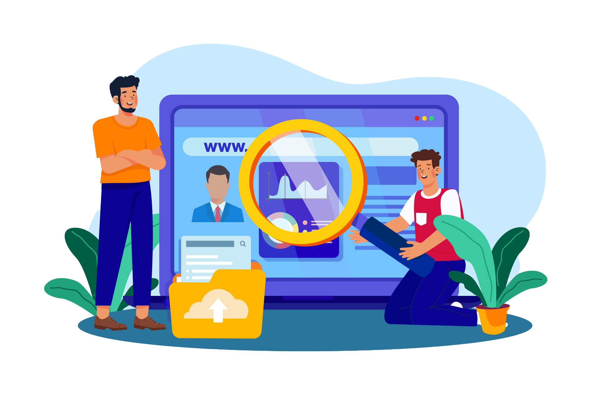 Two men are looking at a computer screen with a magnifying glass.