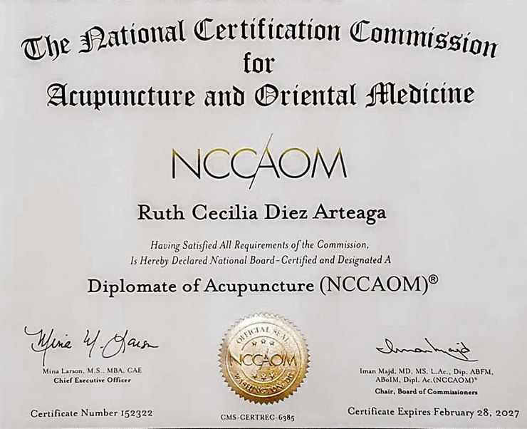 Dr. Ruth Cecilia Diez Arteaga NCCAOM Certification. Oriental Medicine