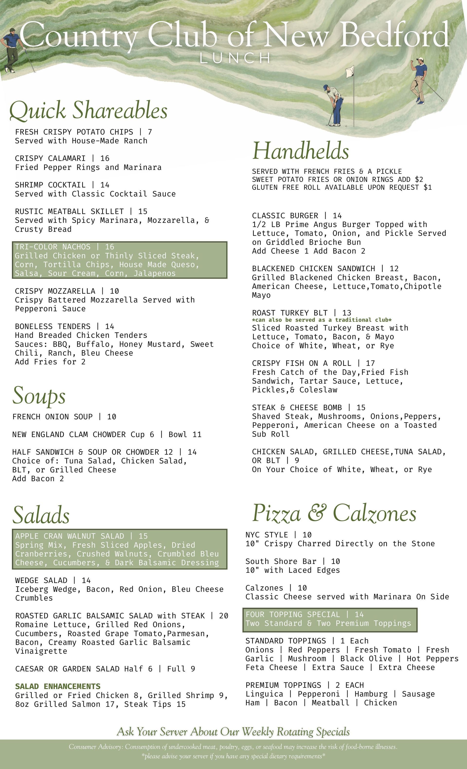 Menu for the Country Club of New Bedford, listing quick shareables, soups, salads, handhelds, and pizza.