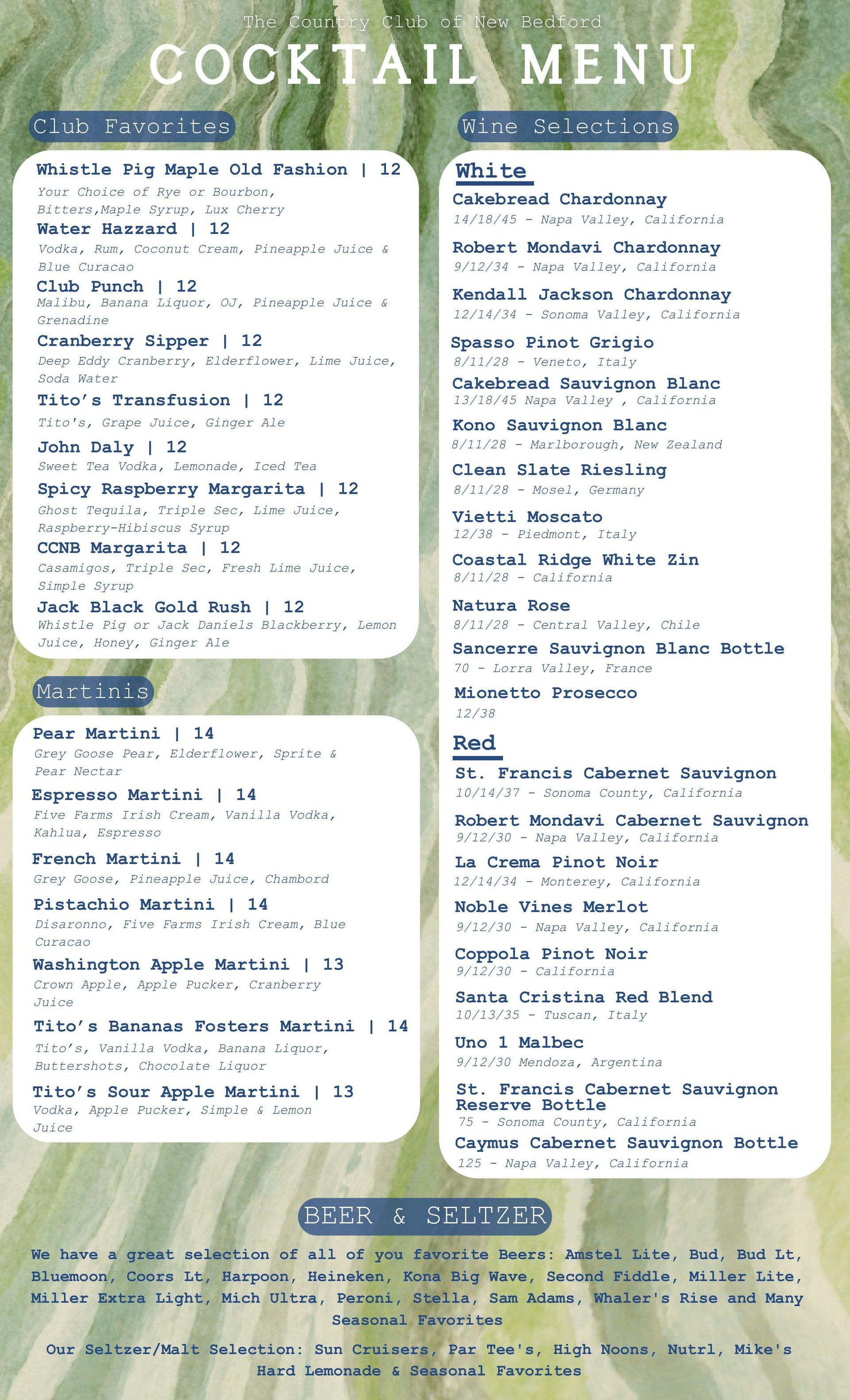 Cocktail menu with drink names and descriptions on a white background, green border.