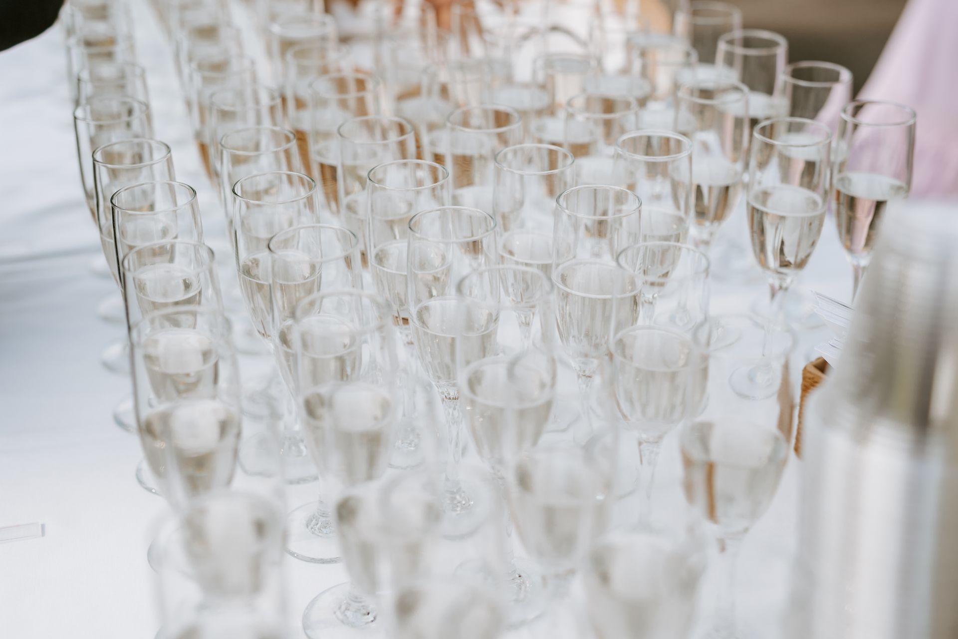 Rows of champagne flutes filled with a bubbly liquid sit on a white surface, ready for a toast.