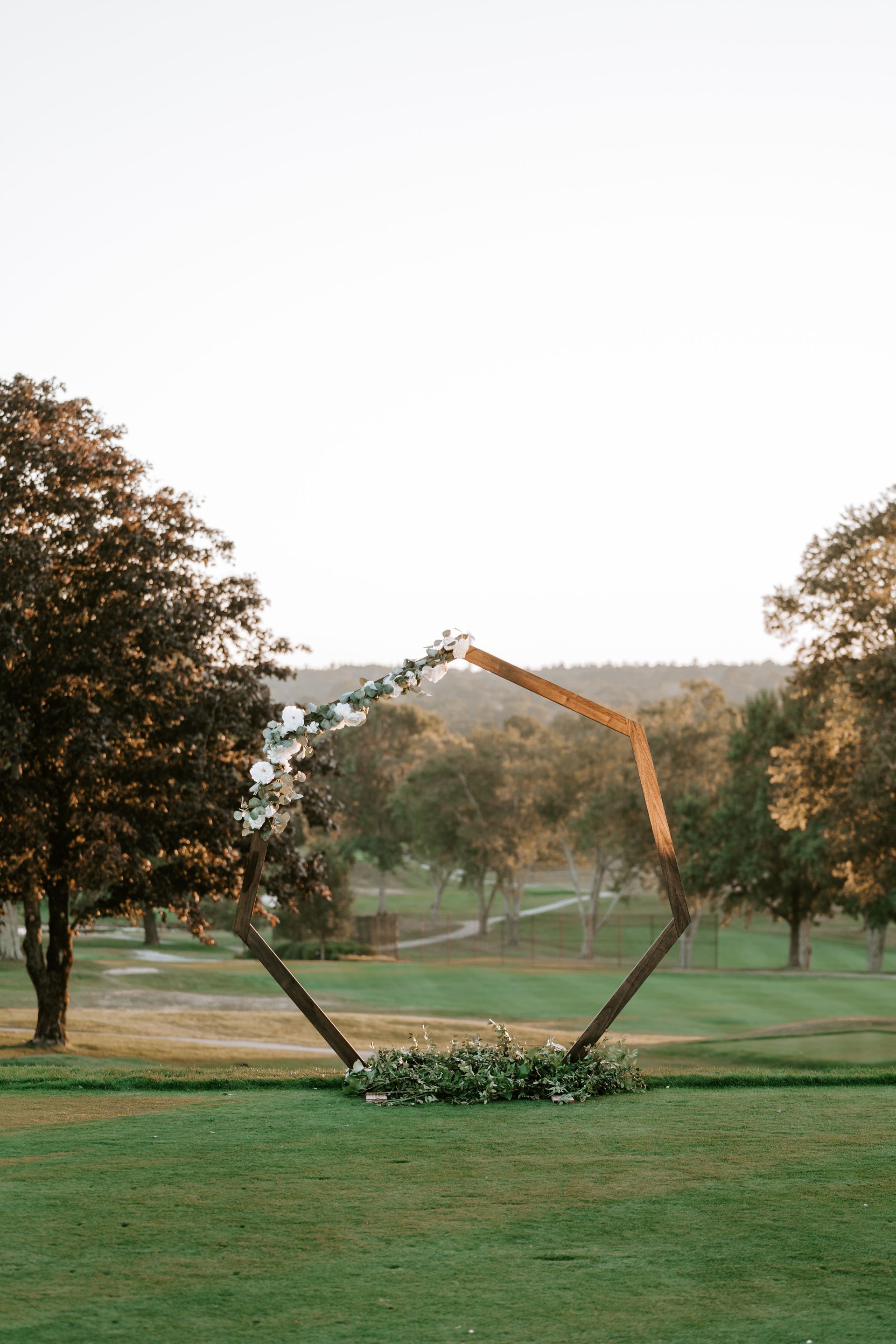 Wooden hexagonal wedding arch decorated with greenery on a grassy field, trees in the background.
