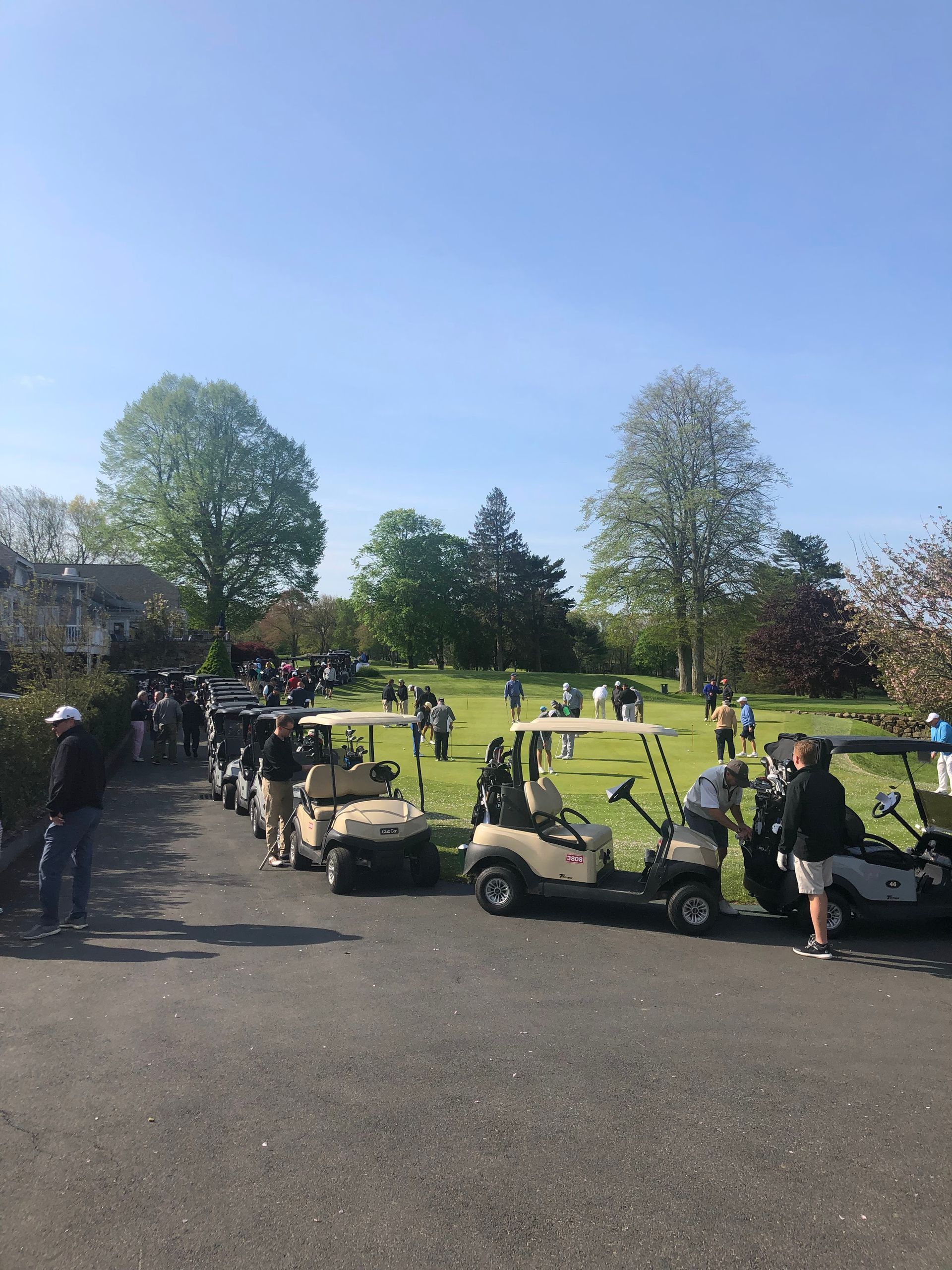 Golf carts lined up on a paved area, golfers on a green hill under a blue sky.