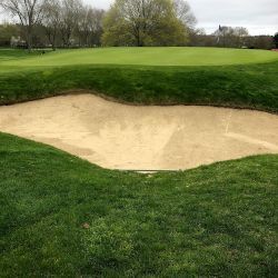 A golf course bunker with tan sand, surrounded by green grass, and a green putting area in the background.