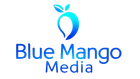 Blue mango logo: blue mango fruit with leaves above the text 