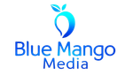 Blue mango logo: blue mango fruit with leaves above the text 