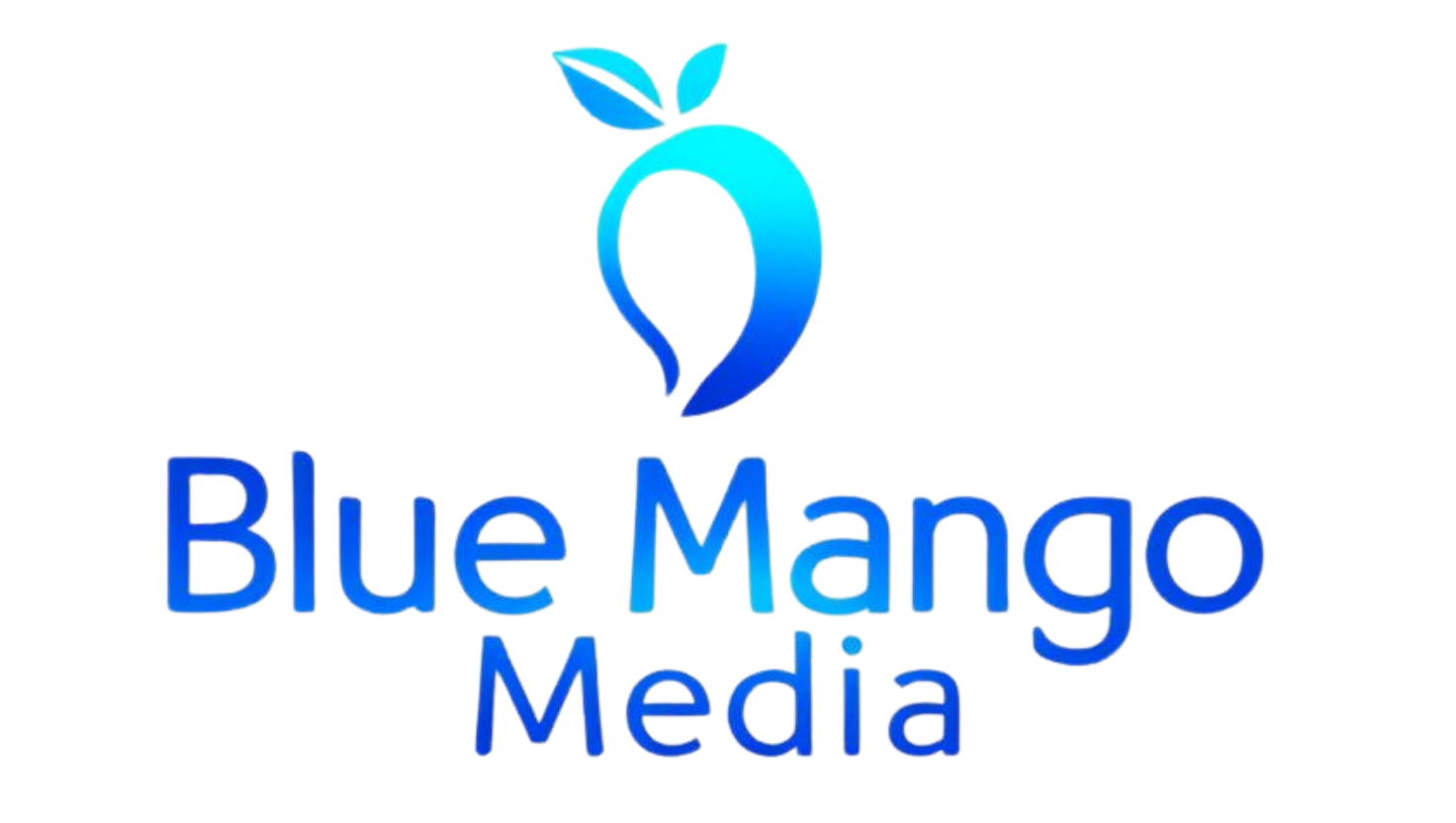 Blue mango logo: blue mango fruit with leaves above the text 