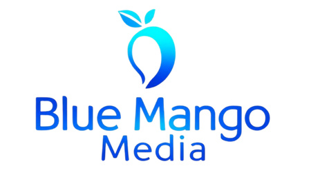 Blue mango logo: blue mango fruit with leaves above the text 