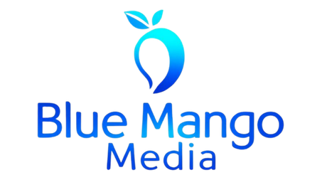 Blue mango logo: blue mango fruit with leaves above the text 