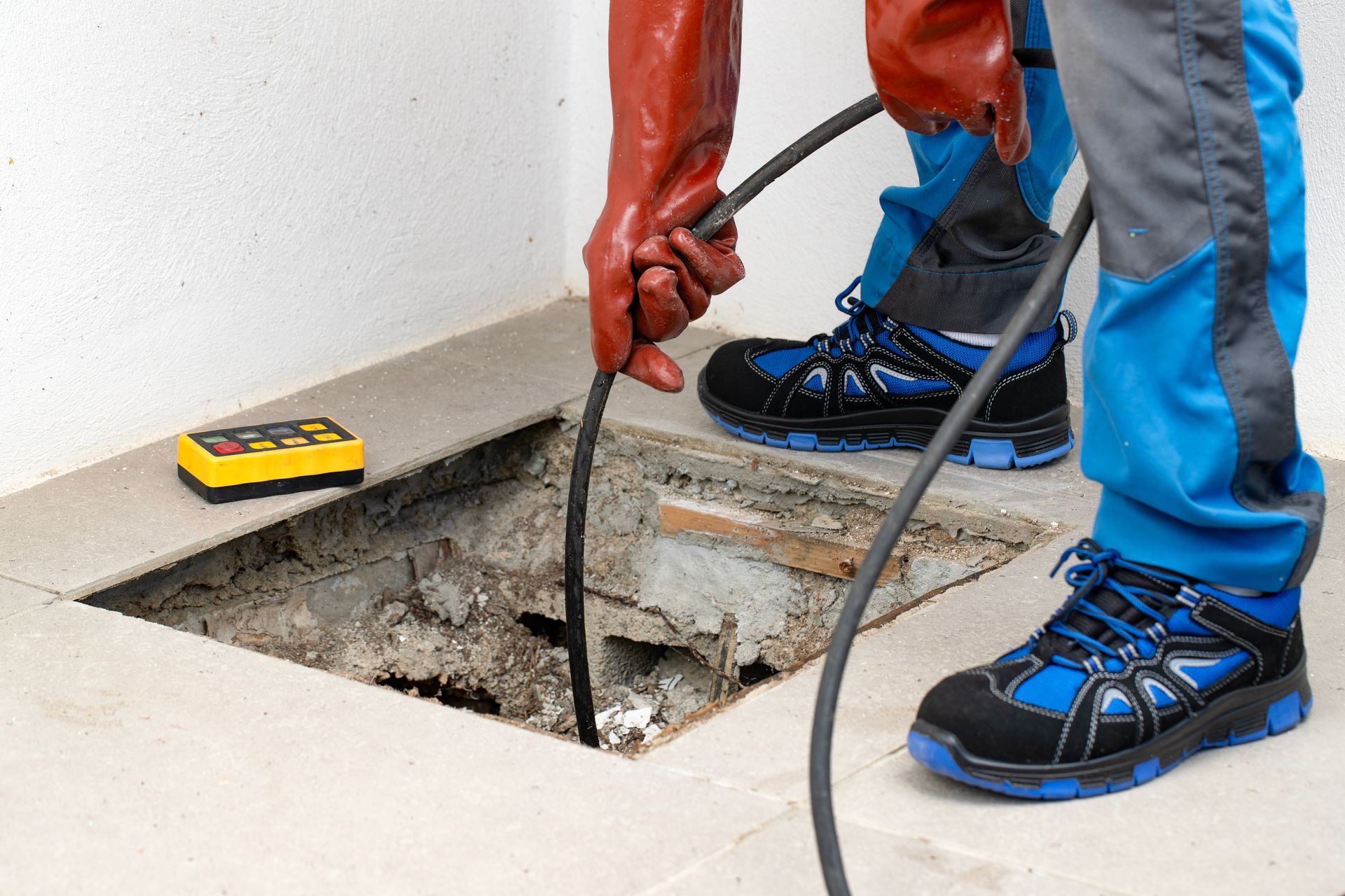 Worker in blue shoes using cables to inspect a floor opening in a white room.