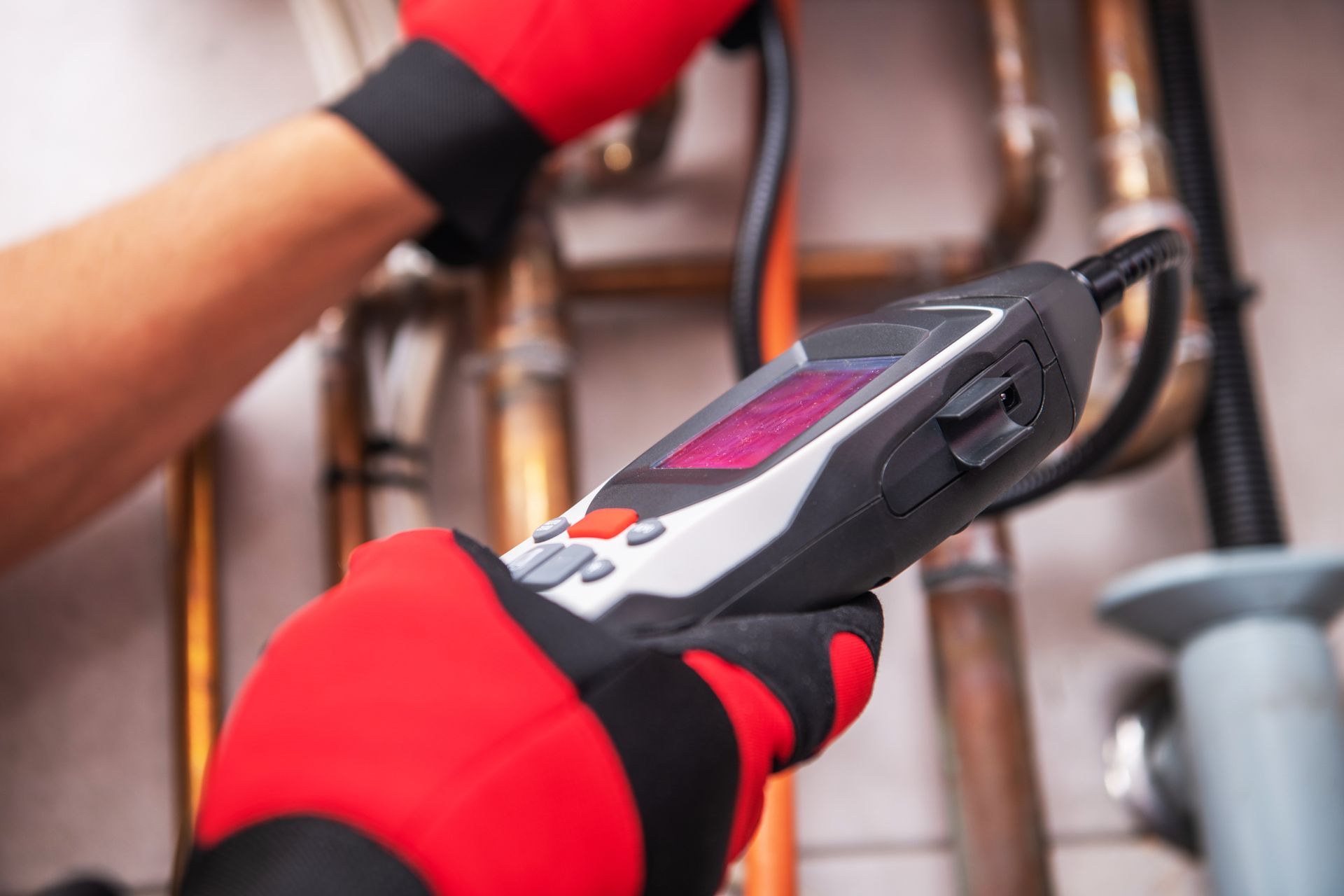 Person using a handheld inspection device on bicycle parts in a workshop, wearing red gloves