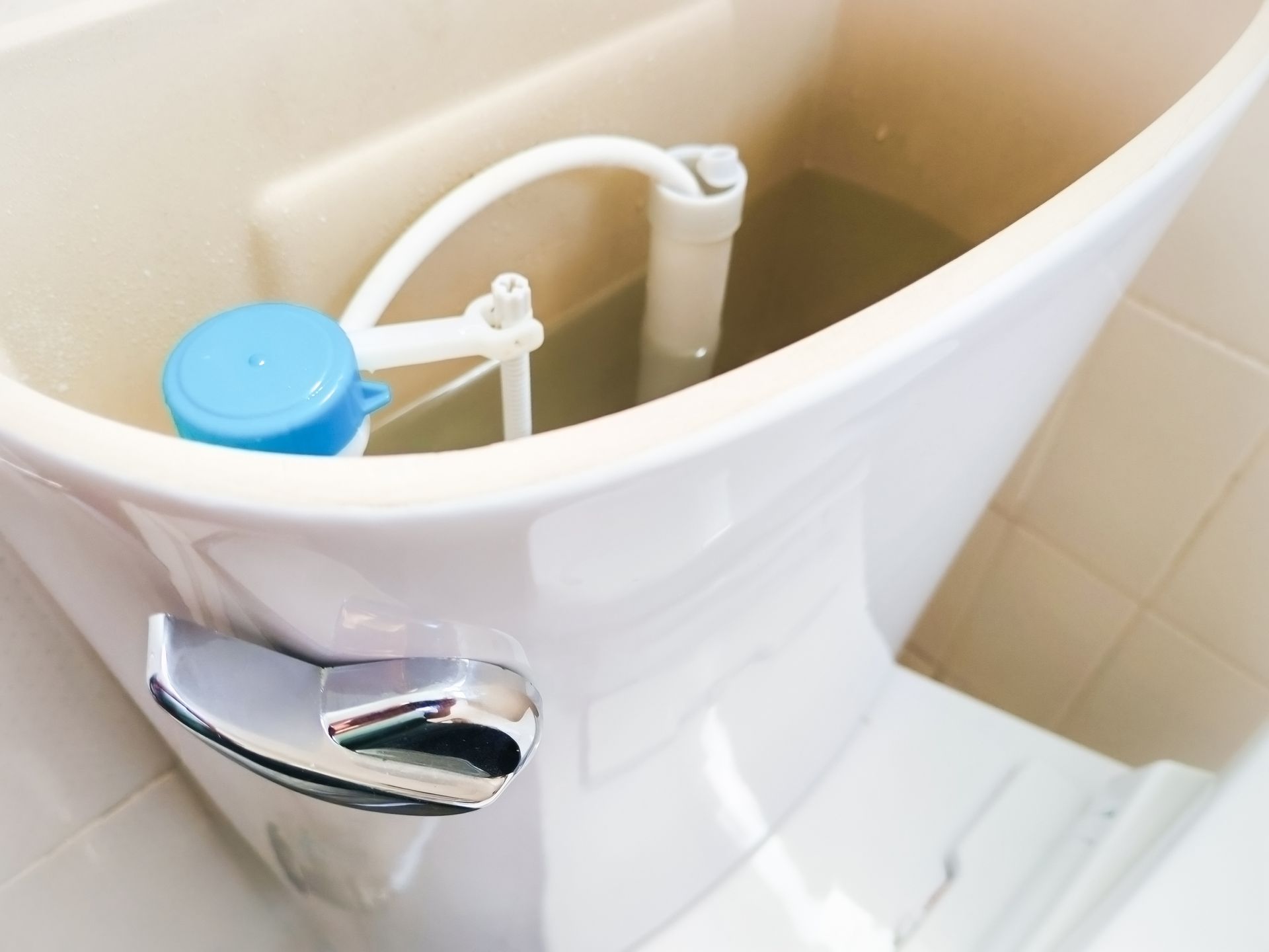 Toilet tank with blue flush valve and white plumbing parts, viewed from above