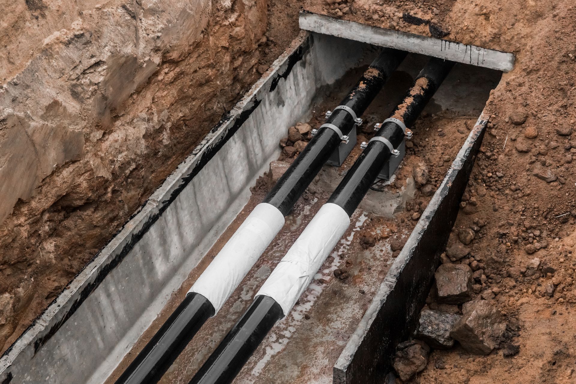Underground utility trench with two insulated cables in a concrete conduit run