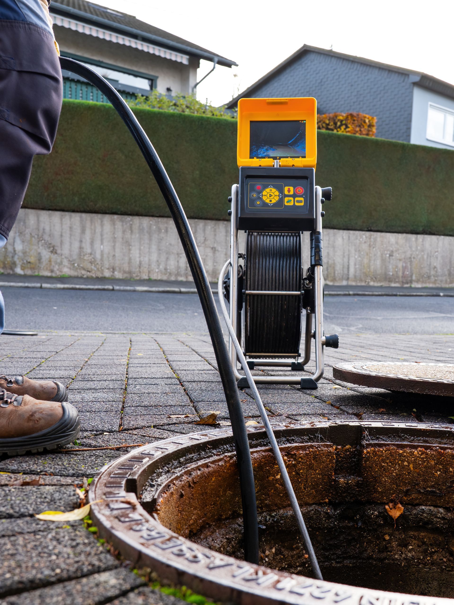 Orange sewer inspection robot at an open manhole on a wet street, with a worker’s boot nearby.