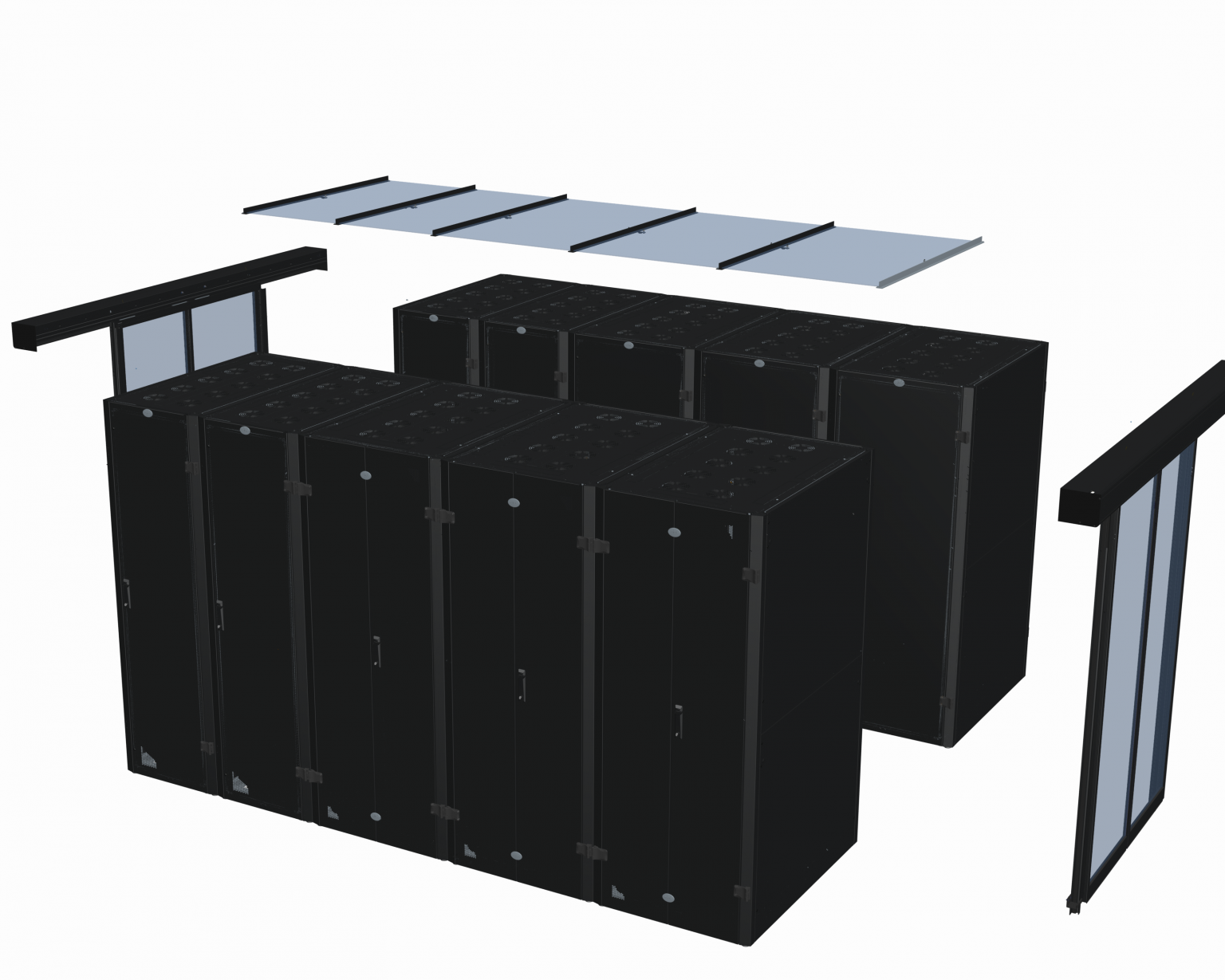 Un schéma illustrant les composants d'assemblage d'une baie de serveurs modulaire, avec des armoires et des panneaux de toit noirs.