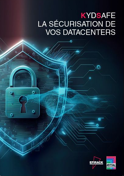 Une icône bleue de bouclier numérique et de cadenas sur un fond de circuit imprimé avec le texte : KYDSAFE LA SÉCURISATION DE VOS DATACENTERS.