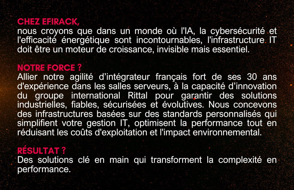 Une diapositive présentant la mission, l'expérience et les principaux avantages d'Efirack pour l'infrastructure informatique sur un fond sombre et texturé.