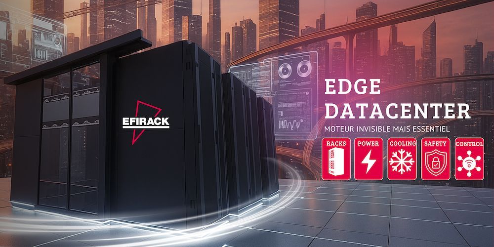 Une unité de centre de données E-Rack Edge sur fond de paysage urbain numérique, avec des icônes représentant les baies, l'alimentation, le refroidissement et la sécurité.