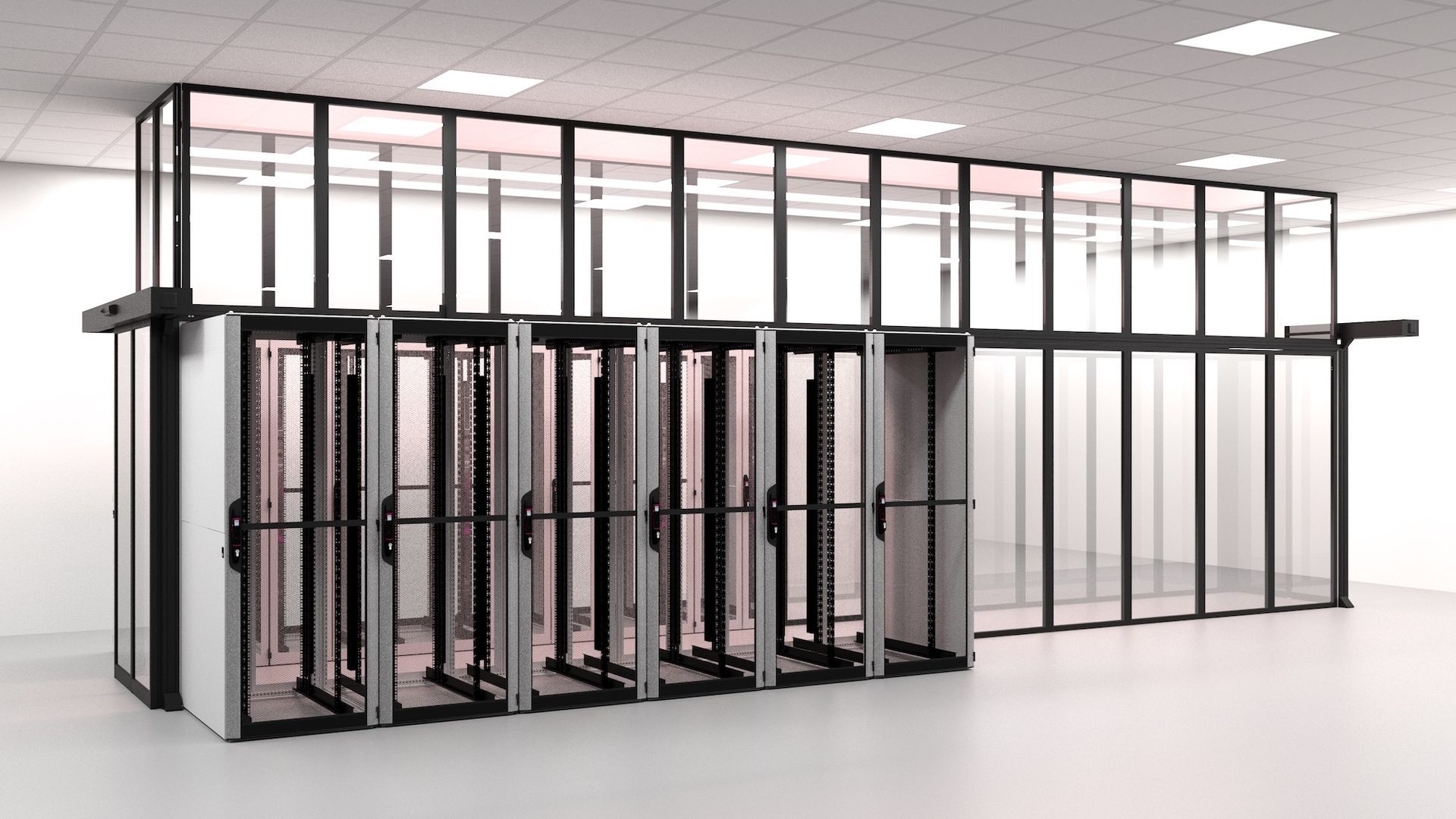 Une rangée de baies de serveurs enfermées dans un système de confinement de centre de données aux parois de verre, dans une pièce blanche et lumineuse.