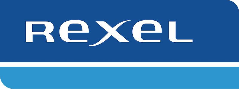 Texte blanc « REXEL » sur fond bleu foncé avec une bande horizontale bleu clair en bas.