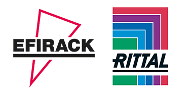 Le logo EFIRACK, avec son triangle rouge, et le logo RITTAL, avec ses blocs angulaires colorés empilés.