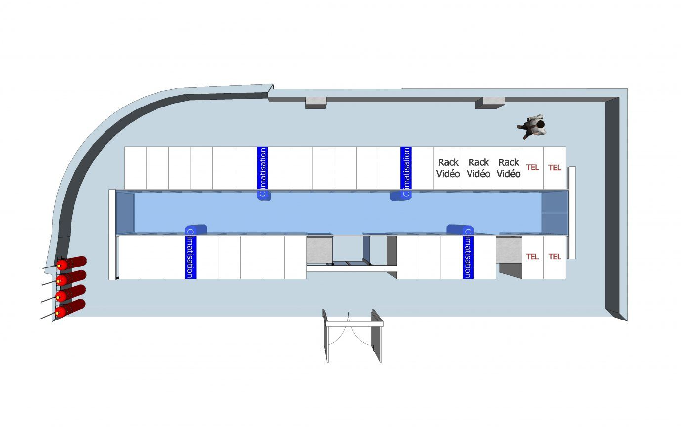 Plan architectural en vue de dessus d'un espace de laboratoire avec paillasses, réservoirs de stockage et une personne debout.