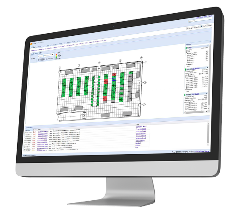 Un écran d'ordinateur de bureau affichant l'interface d'un logiciel de gestion d'entrepôt avec un plan d'étage et des tableaux de données.