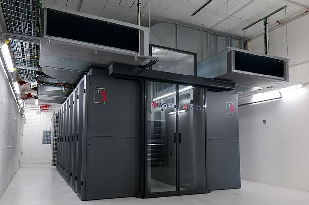 Une rangée d'armoires serveurs gris foncé, installées dans une pièce vitrée au sein d'une installation industrielle propre.