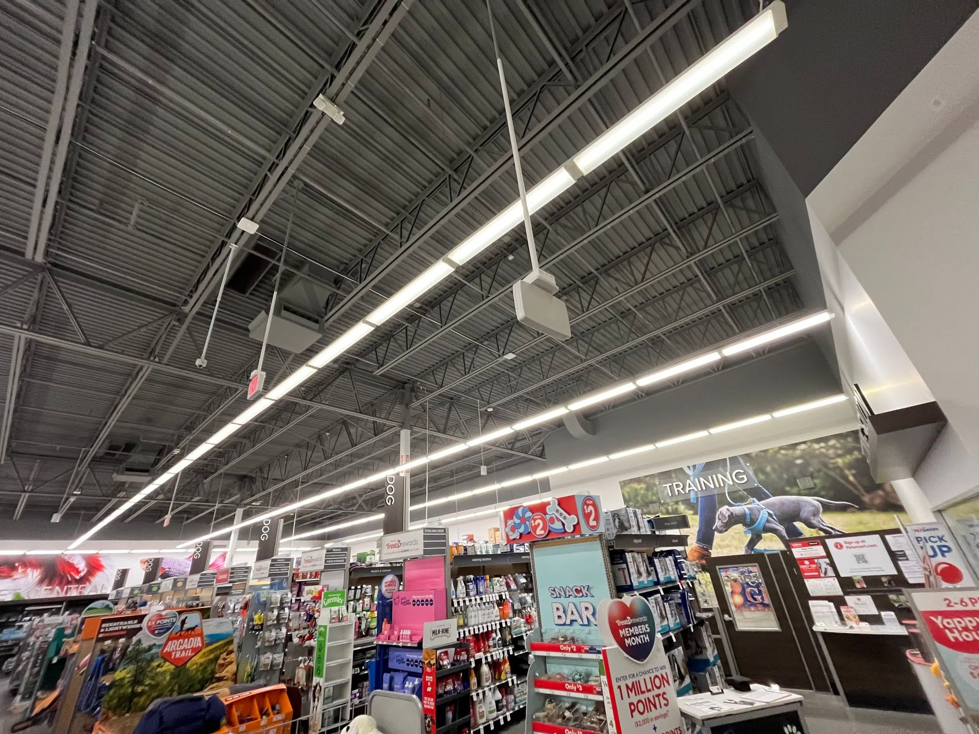 The inside of a store with a lot of lights hanging from the ceiling.