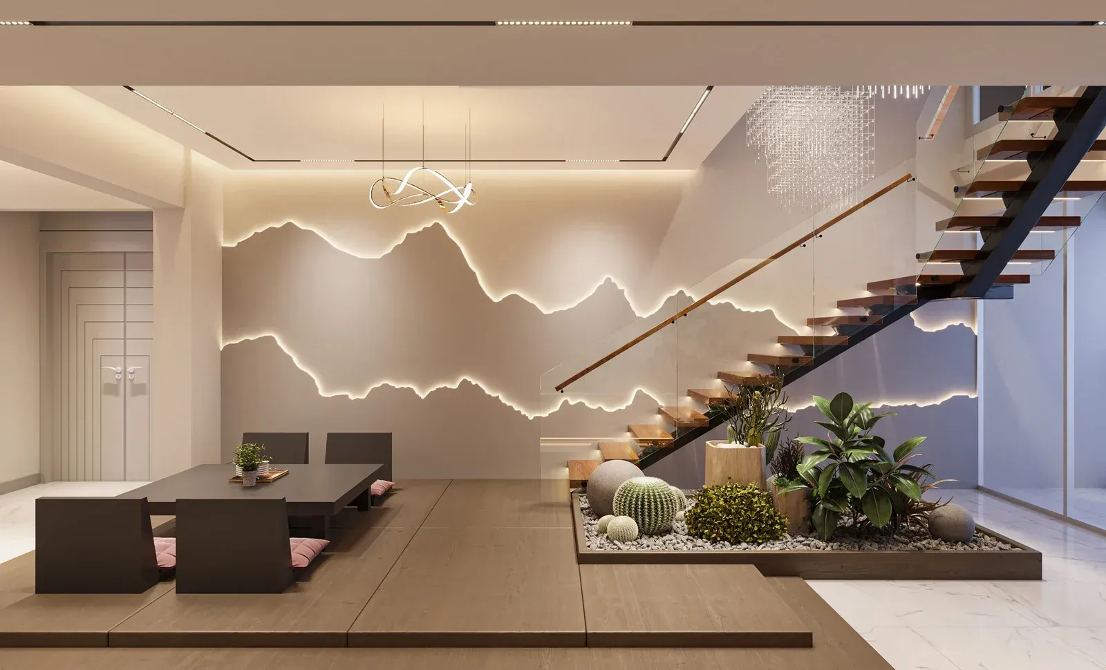 A living room with a staircase and a table and chairs.